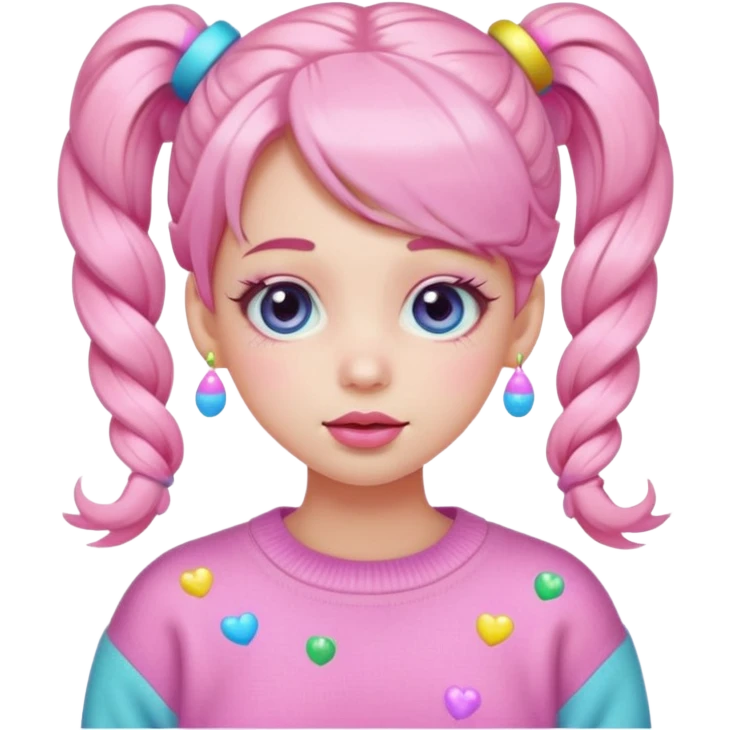 “Emoji girl, pastel pink blush, sparkly wide eyes, glossy bubblegum lips, hair in pigtails with colorful clips, oversized pastel sweater.” emoji