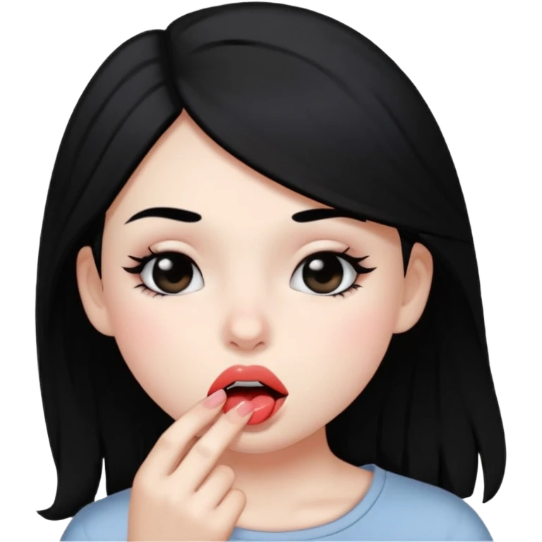 Девушка с белой кожей, чёрными глазами и чёрными волосами прикусывает нижную губу emoji