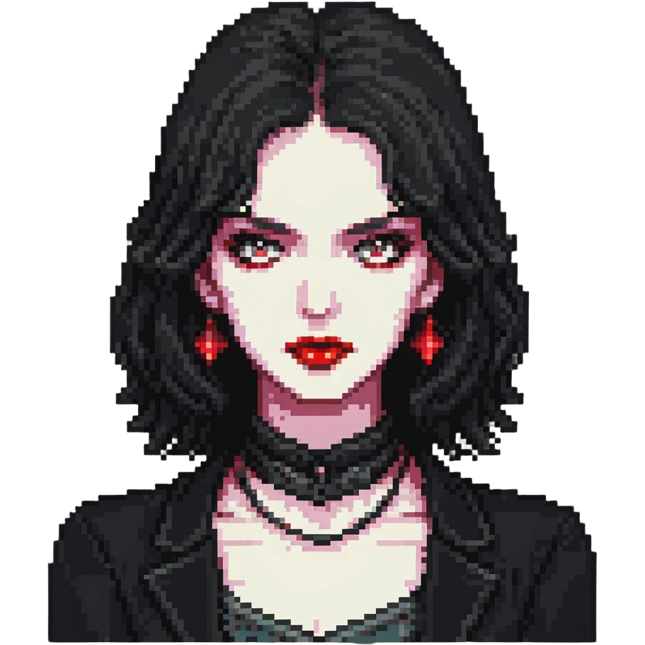 female face with black eyes, black hair at neck level, full red lips, pixel art, 16-bit style emoji