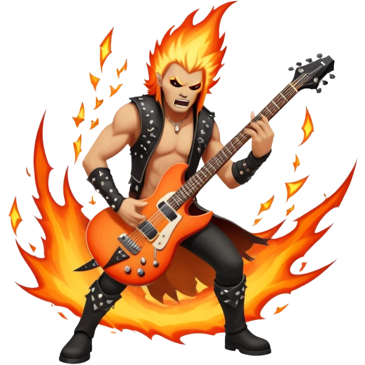 An icon showing a rock musician wielding a guitar in an epic battle, inspired by Brutal Legend. The design features fiery backgrounds, musical notes floating in the air, and electrifying stage lights, capturing the power of music and combat. Transparent background highlights the energy. emoji
