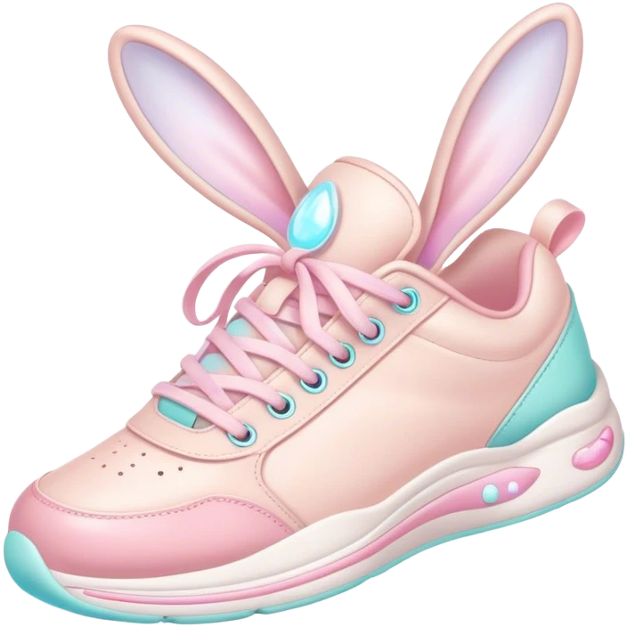 Cute Kawaii Shoe, small and bouncy, soft pastel sneakers with glowing highlights, cute sparkling eyes, a happy cheerful expression, laces tied like bunny ears! emoji