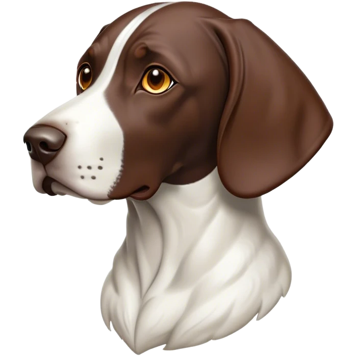 Cinematic Noble German Pointer Portrait Emoji, Poised and regal, with a lean, athletic build and a sleek, short coat in liver and white, deep-set soulful brown eyes, Simplified yet sharp and sophisticated features, highly detailed, glowing with a soft, dignified glow, high shine, intelligent and driven, stylized with an air of determination, focused and attentive, soft glowing outline, capturing the essence of a watchful and commanding hunter, so majestic it feels as though it could sprint out of the screen with effortless authority! emoji