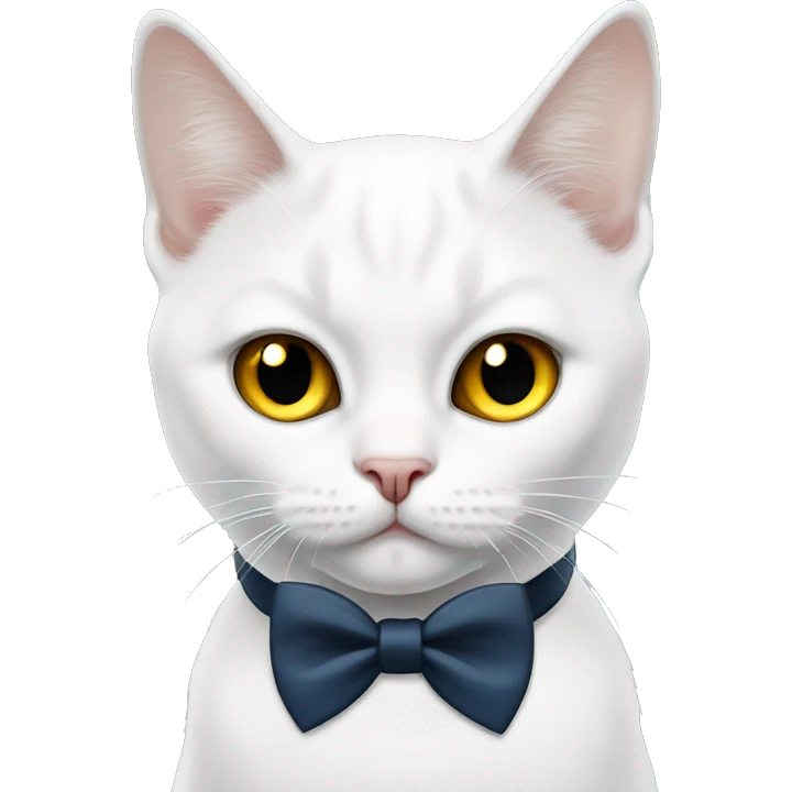 cute white british cat with one yellow eye and one blue eye with a black bow tie on his neck emoji