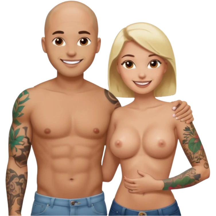 throuple tattooed sleeves bbald male with topless naked big boobed brunette and topless naked big boobed blonde girlfriends  loving  and sexy polygamy naughty  emoji