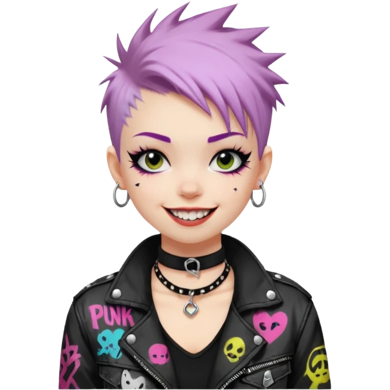 a punk girl with short dyed hair and wear a punk graffiti jacket with black choker grin playfully  emoji