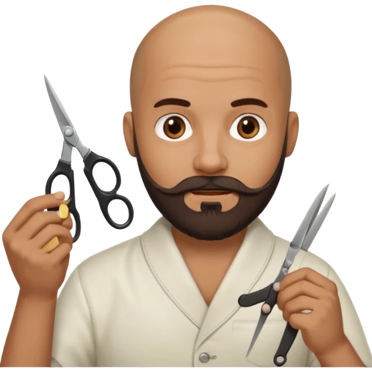 A bald man with a dark brown beard cutting someone’s hair eating poop emoji