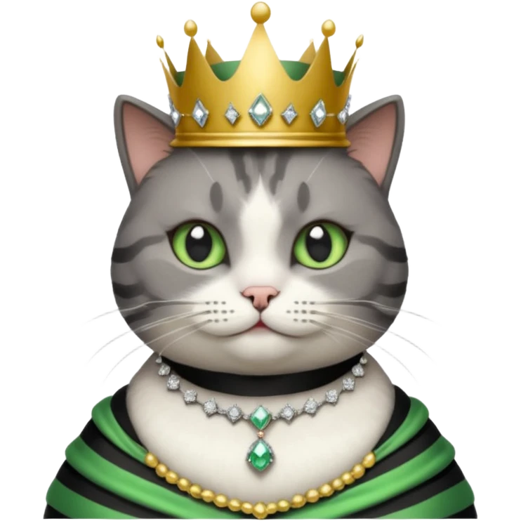 Gatito gris oscura con rayas negras ojos verdes vestida de reina con coronas y diamantes, más peluda y gordura  emoji
