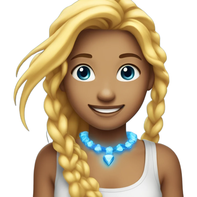 A cheerful teenage girl with long yellow hair, wearing a white sleeveless shirt and a glowing blue necklace while smiling emoji