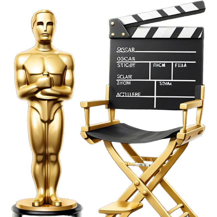 Professional icon for Directing: a collage featuring an Oscar statuette, a film script, a director's chair and a film slate. The icon should represent the excellence and artistry of directing, with a focus on cinematic achievement. Transparent background. emoji