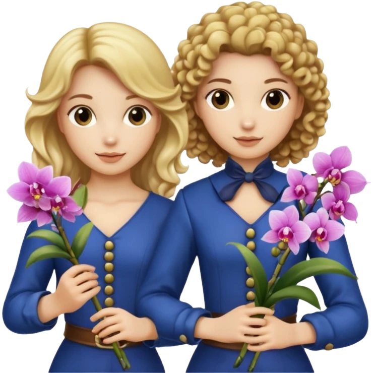 3 female musketeers, oneceith brown curly hair, one with straight blond hair, one eith blond hair on pony tail, all holding orchids emoji