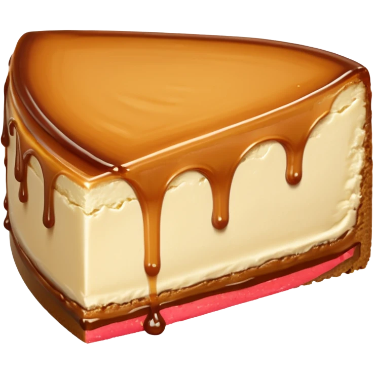 a slice of cheesecake. The base is made of light brown biscuit; the first layer of filling is caramelized dulce de leche, and the upper layer is creamy, light beige, and has a smooth texture. On top, there is a caramelized dulce de leche topping dripping down the center of the slice emoji