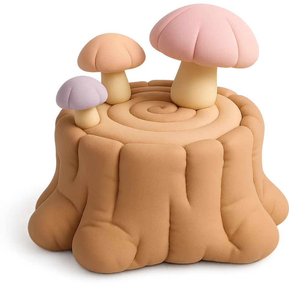 a tree stump cake topped with mushrooms, forest dessert concept, cushion style, soft pastel colors emoji