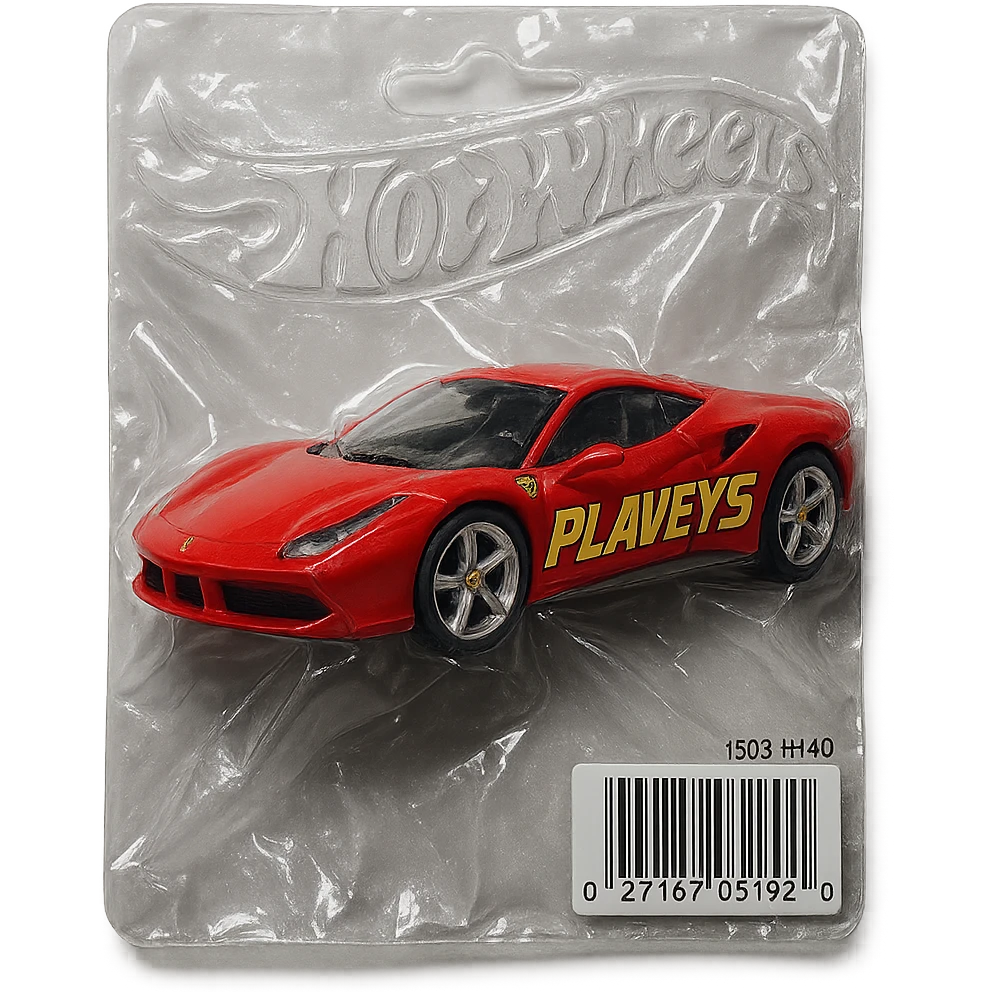 red Ferrari car with the word 'PLAVLEYS' in racing style lettering on the side, inside a Hot Wheels blister package, glossy and puffy, vacuum-sealed style emoji