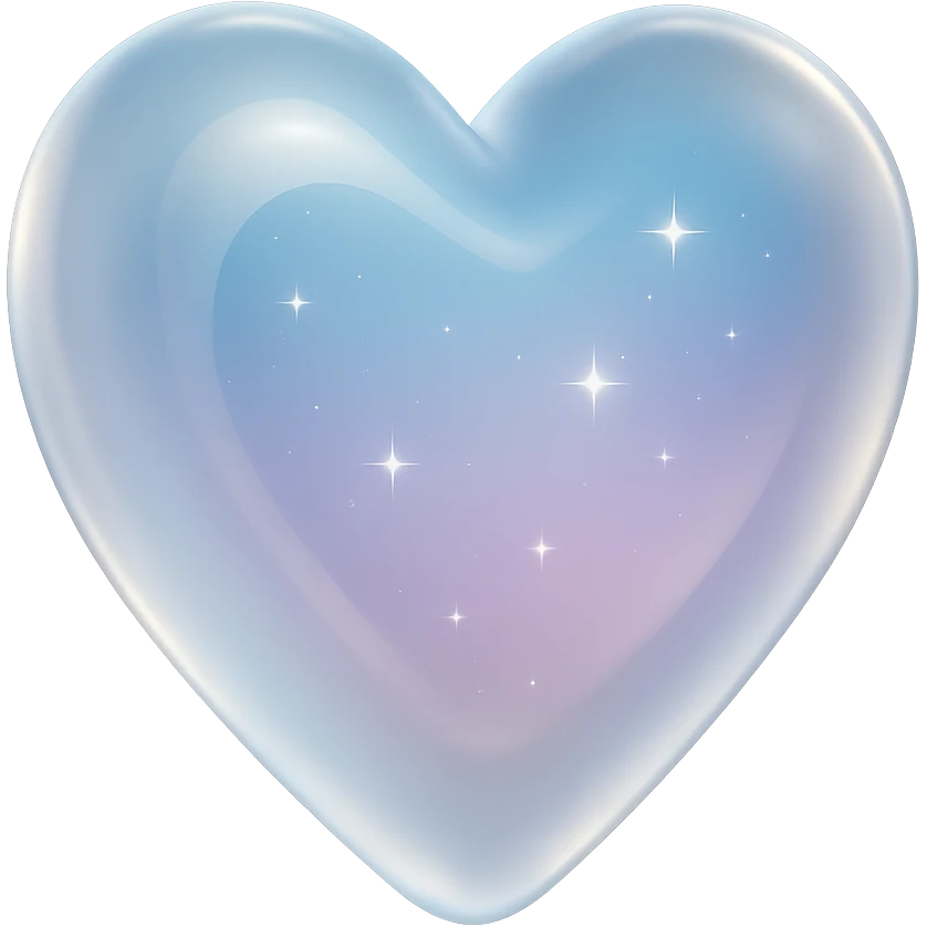 Add tiny sparkling stars inside the heart, keep the sparkly glossy pastel whitish iridescent glass crystal nebula glass heart style, no background. emoji