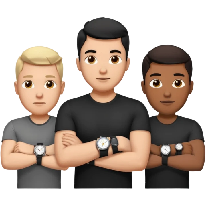 4 different men wearing black strap watches on their wrists portraits, head and shoulders only, watches clearly visible on arms, diverse face shapes and skin tones, 3D cartoon, mobile game icon style, clean background, no text, no watermark
 emoji
