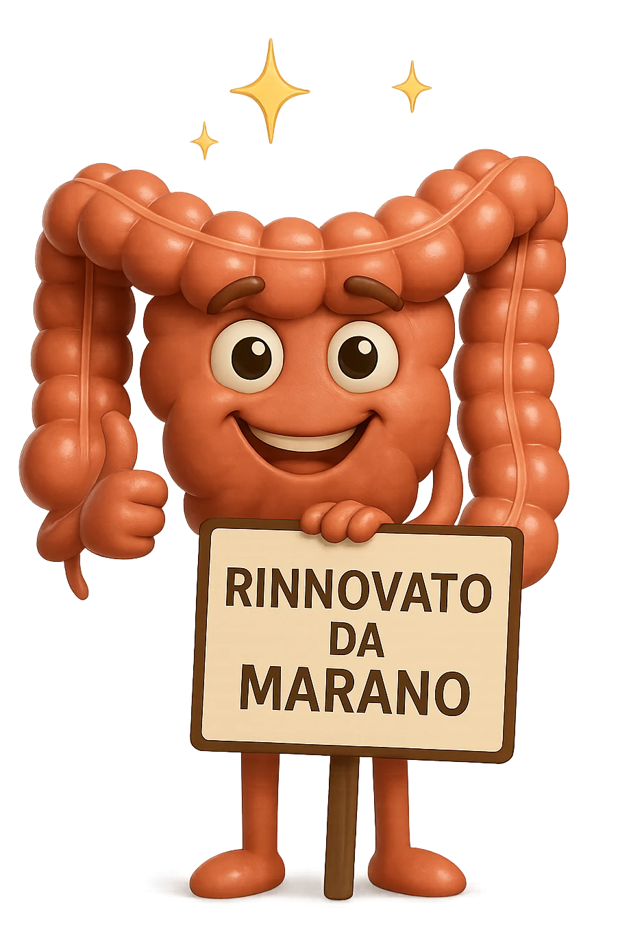 fammi un intestino identico a questo, ma felice e con le scintille di splendore dorate sopra, si sta rinnovando come se fosse in ottima salute, in mano ha un cartello con la scritta "RINNOVATO DA MARANO" emoji