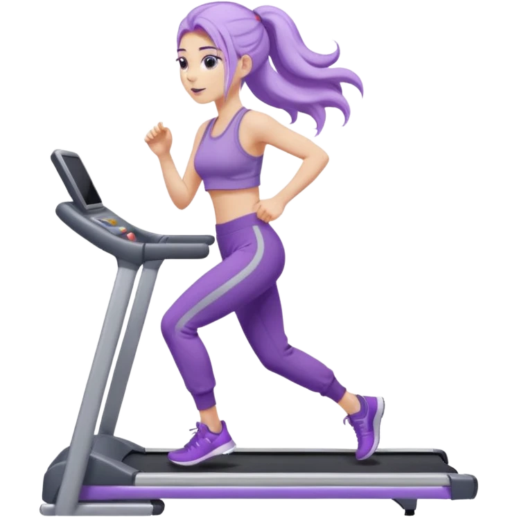 Девушка белокожая на беговой дорожке, с длинными светло-лиловыми волосами, в лиловом топе, в серых спортивных штанах, с черными ресницами emoji