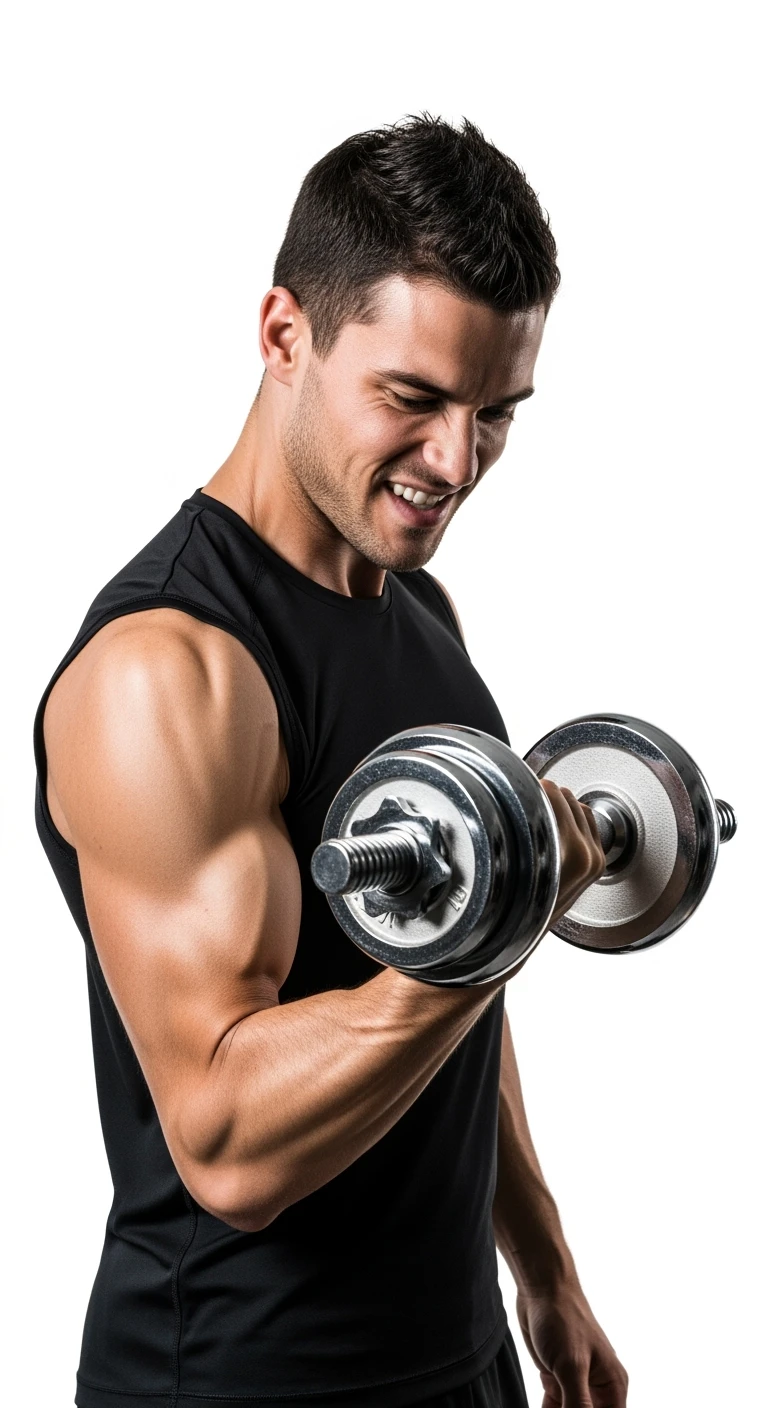 UOMO fitness CHE TIENE UN MANUBRIO DA PALESTRA IN MANO E FA UN CURL MANUBRUI, ISOLATO SU SFONDO BIANCO emoji