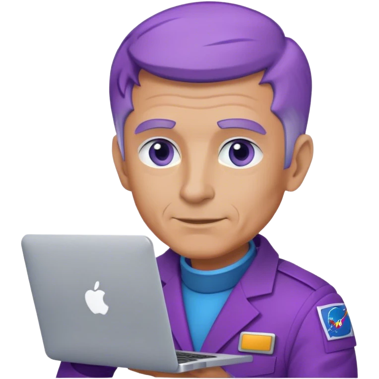 older dude astronaut with purple suit, blue eyes, short purple hair and one macbook emoji