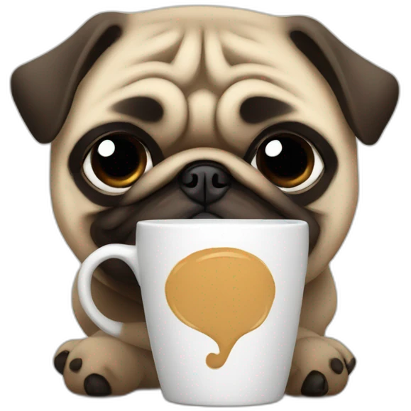 Pug in an important costume with a mug of coffee emoji