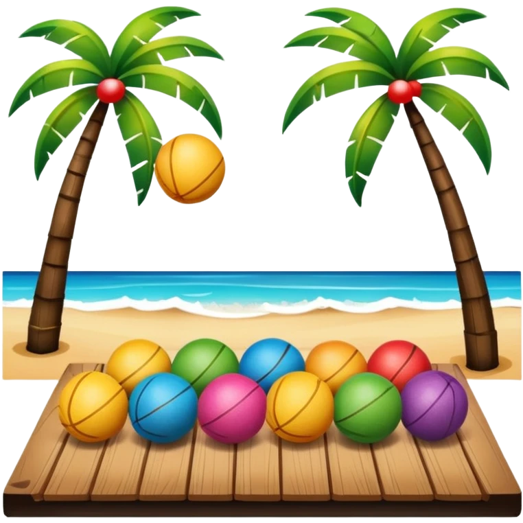 summer vibe frame with colorful balls, planks, and coconut trees, emoji style emoji