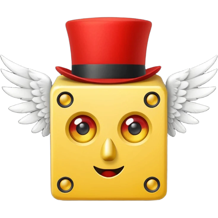yellow lucky block, with 2 red question marks for the pupils inside the eyes, wings, and a red top hat, and has the :3 face  emoji