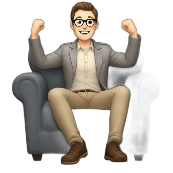 Joyful Celebrating victory Hands up Pale skinned Fit Man With dark brown hair in gray jacket, beige office shirt, Brown pants and vintage glasses sitting In a soft chair emoji