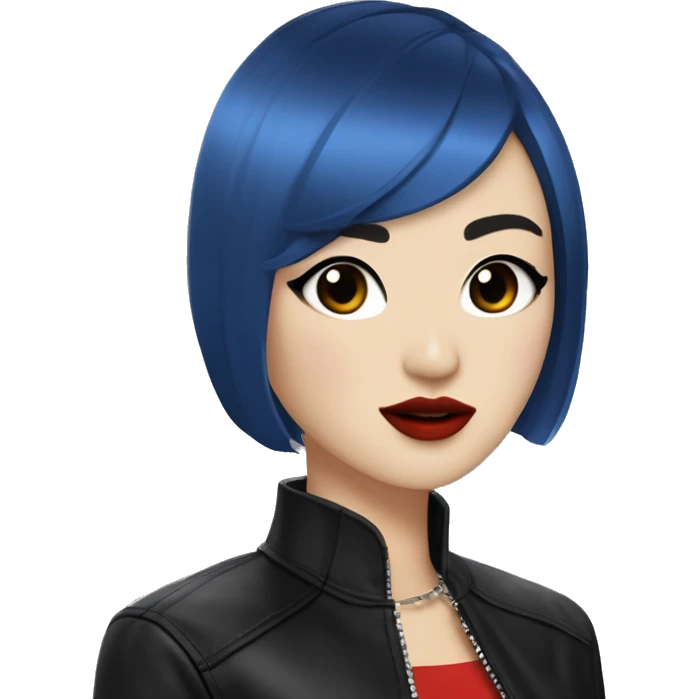 Dani Kim A Korean-white woman with short blue asymmetric bobbed hair, rounded heart-shaped face, red lipstick, black eyeliner and mascara wings, and black choker collar, earings,  light freckles, asian features, leather jacket and band t-shirt emoji