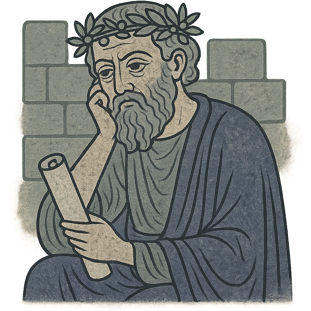 a philosopher in ancient Greece, thinking pose, scroll in hand, olive wreath, stone background emoji