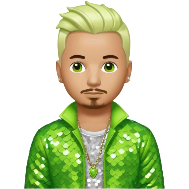J Balvin with platinum blonde hair, lime green sequin outfit emoji