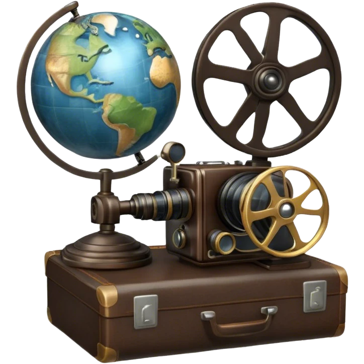 Icon for Documentary Film: A vintage movie poster style with a film reel, a camera, and a globe symbolizing exploration and knowledge. Include elements like a notebook, magnifying glass, and nature or historical visuals to evoke a sense of discovery. Transparent background. emoji