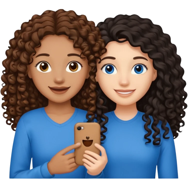 Two best friends .bestie 1: beige skin with brown long hair and blue eye. Bestie 2:mixed race skin with curly black hair and brown eye emoji