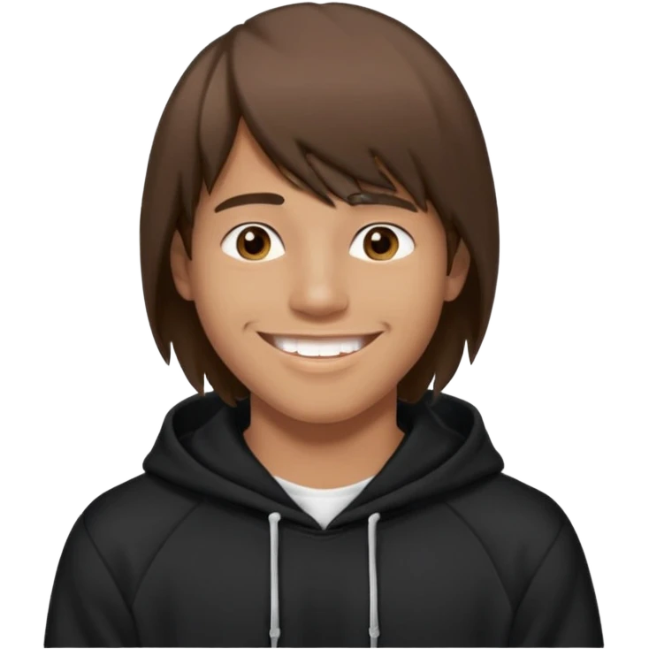 20 yr old man, brown hair, straight, big smile, white teeth, tanned skin, bangs, black hooded sweatshirt, long hair in back, middle parted bangs emoji