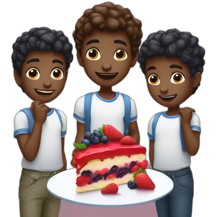 Three black littles boys who eat a trawberry, raspberry and blueberry cake emoji