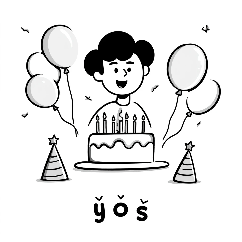 A cute little boy smiling with a birthday cake with candles and birthday decorations like balloons and party hats. At the bottom write in Persian text: "امیدرضاجان تولدت مبارک" emoji