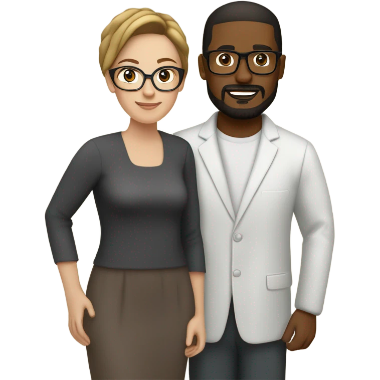 Mixed race couple, white wife with dark brown hair and glasses and honey-brown eyes, black husband with goat tee and glasses emoji
