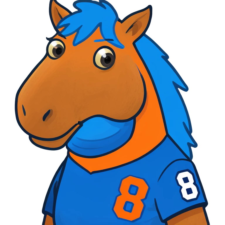 A horse playing football wearing blue and orange with the jersey number 88 emoji