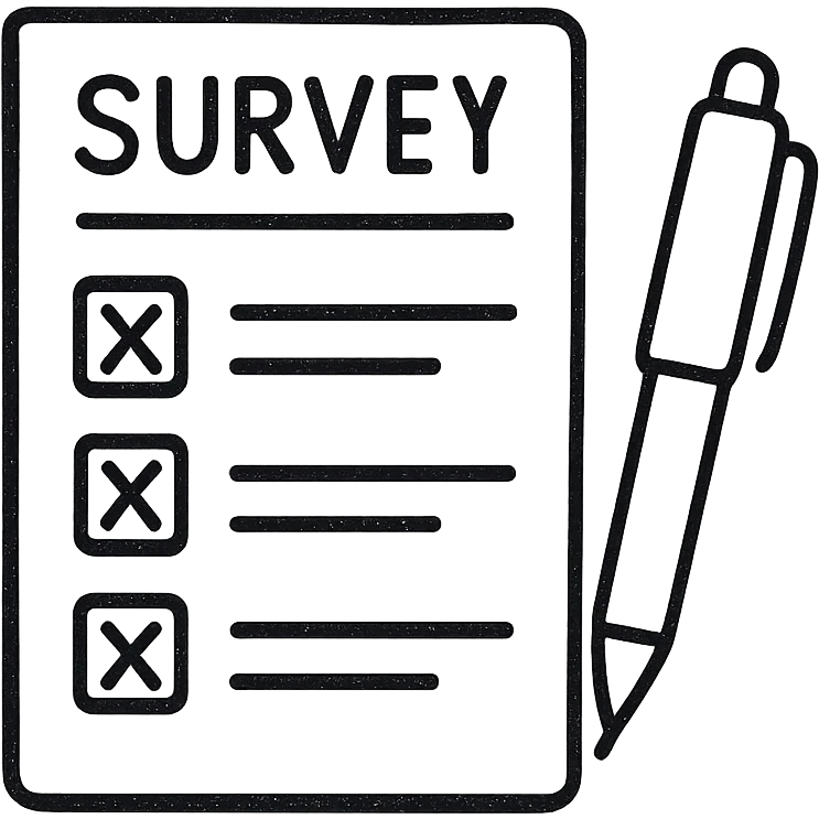 hand-drawn outlined icon of a survey form with a pen emoji