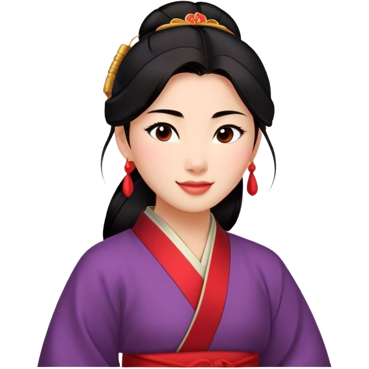 Cinematic Radiant Mulan Portrait Emoji, rendered in a realistic, vector-style with clean proportions. Show Mulan with a soft, confident smile, warm skin, and expressive eyes, her dark hair styled simply, and dressed in traditional clothing with understated red accents. The image radiates a gentle, luminous glow and high shine, accentuated by a soft glowing outline. emoji
