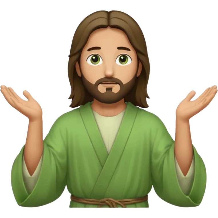 Jesus, green eyes, light green robe. opening arms, gazing thoughtfully. Soft light, subtle fern. Waist-up, profile. emoji