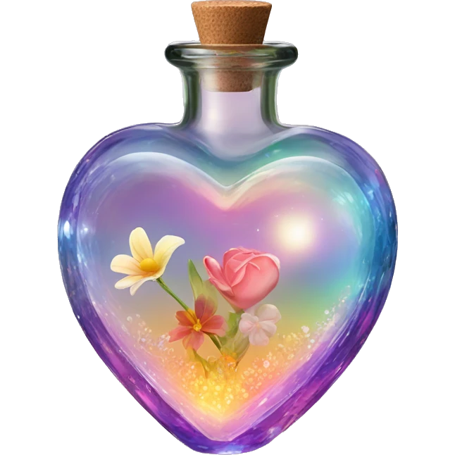 Antique oil heart bottle made of crystal glass of all gentle colors of the light rainbow, a living flower fairy sits at the bottom of the bottle emoji