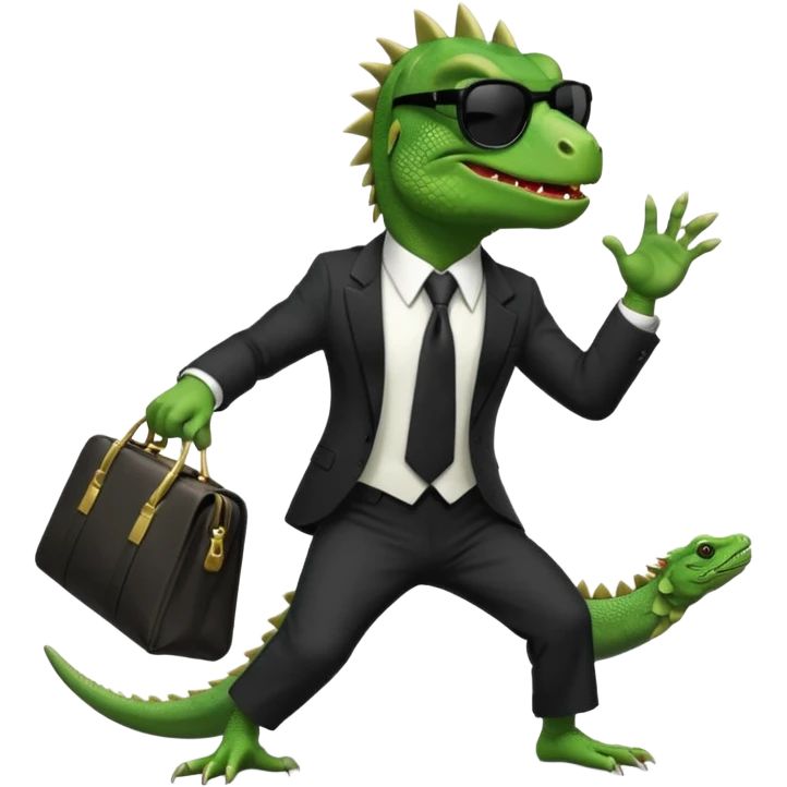 capitalist iguana banker godfather with black sunglasses breakdance with bag emoji