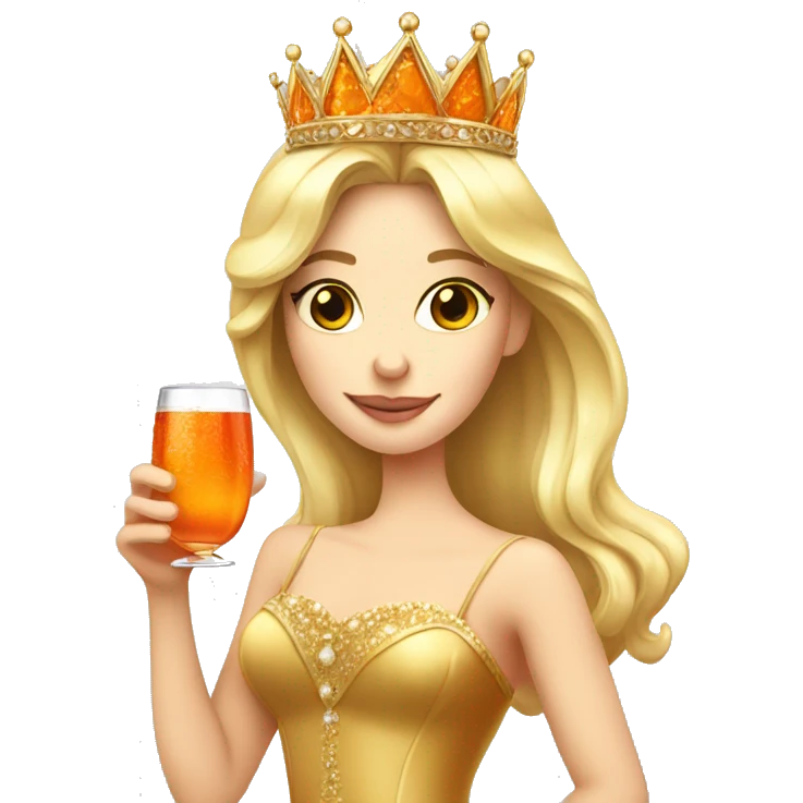 beautiful blond princess with crown in a golden dress drinking aperol emoji