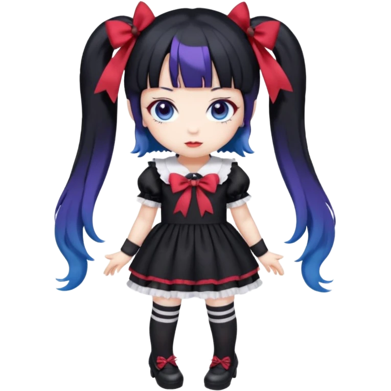 Chibi kawaii Kuromi, violet eyes, black-blue twin tails, red ribbons, red beanie, black & white lolita dress with red accents, white thigh-highs, black mary janes, cute aesthetic. emoji
