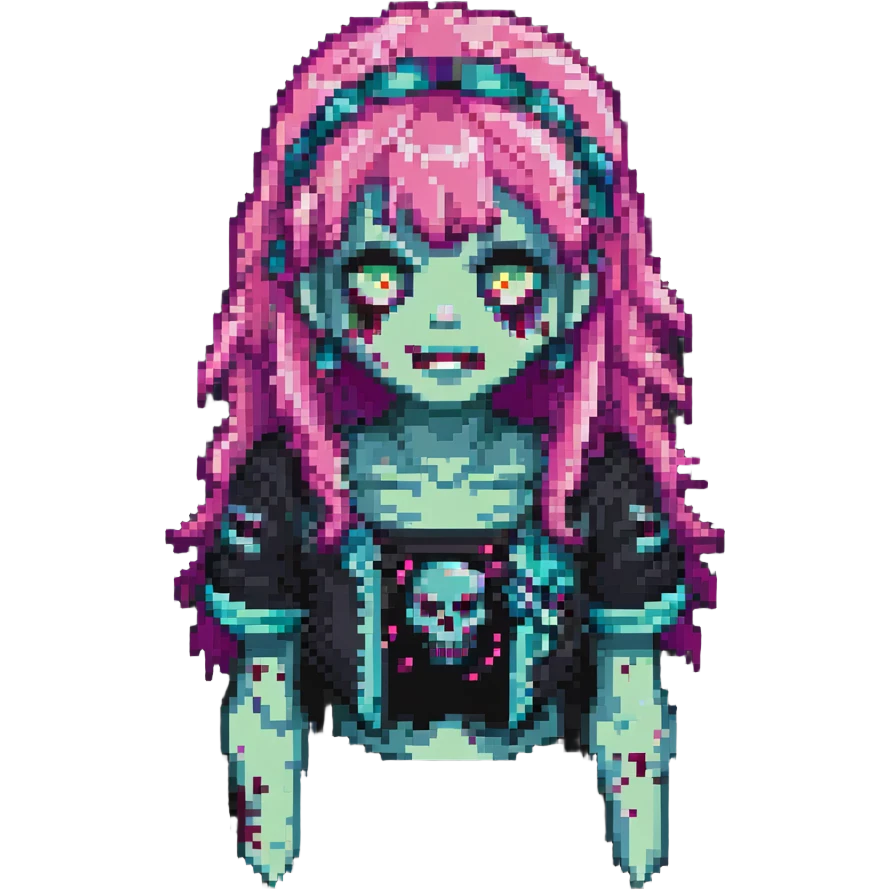 girl zombie with bright pink hair and bangs pixel art emoji