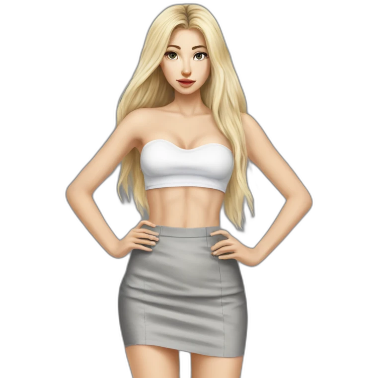 caucasian straight long haired blonde, white bustier, tight grey mini skirt, hyperrealist drawing emoji