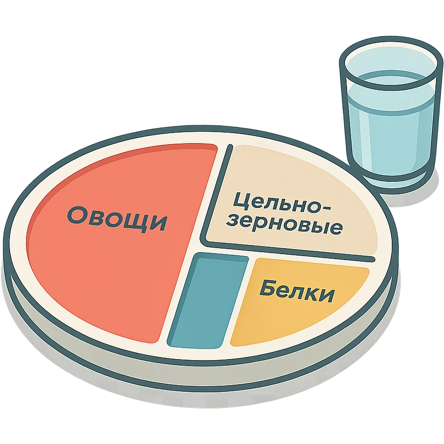 Harvard Healthy Eating Plate divided into 4 sectors labeled in Russian: 'Овощи', 'Фрукты', 'Цельнозерновые', 'Белки', with separate water glass icon on the side, clean lines, modern infographic, transparent background emoji