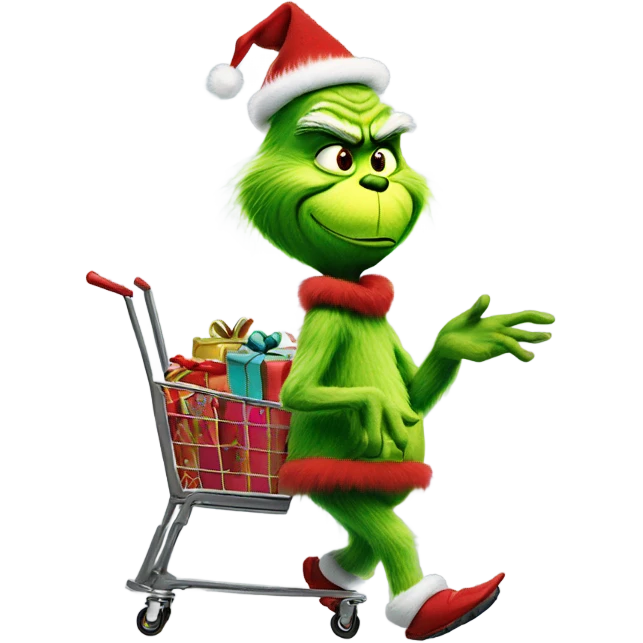 The grinch walking with a cart of presents  emoji