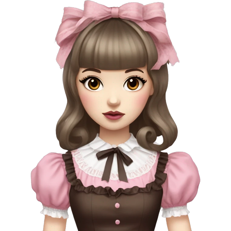pale woman with short brown hair and bangs, pink lips and eyeshadow, long eyelashes, brown eyes, pink Lolita dress with laces and ribbons, gothic Lolita doll look emoji
