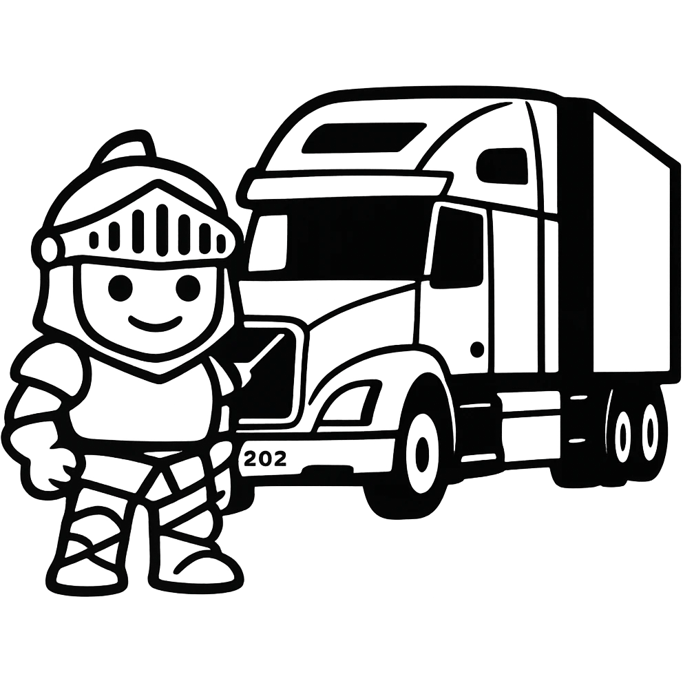 Make Casper the knight smaller, about the same size as the white semi truck, cartoon style, keep transparent background. emoji